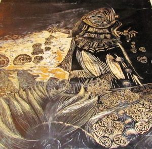 Demostración pública de la impresión de pendones con la técnica de aplanadora sobre madera